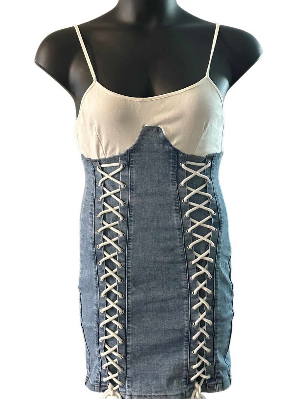 Blanc Clothing Women's Blue White Jean Lace Up Corset Mini Dress Size Large
